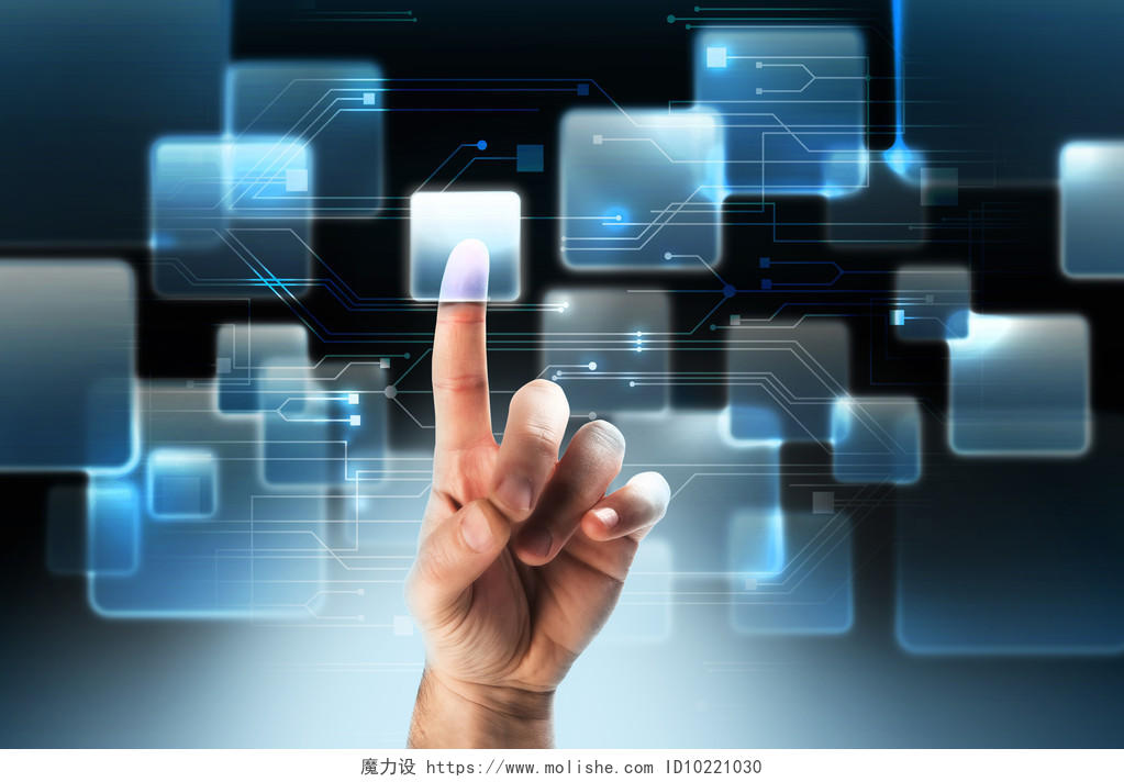 蓝色科技手指点空中屏幕玻璃屏幕空中按钮互联网平台